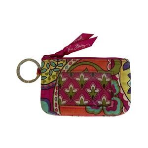 Vera Bradley Pink Swirl Paisley Floral Cotton Mini Zip ID Wallet Silver Key Ring